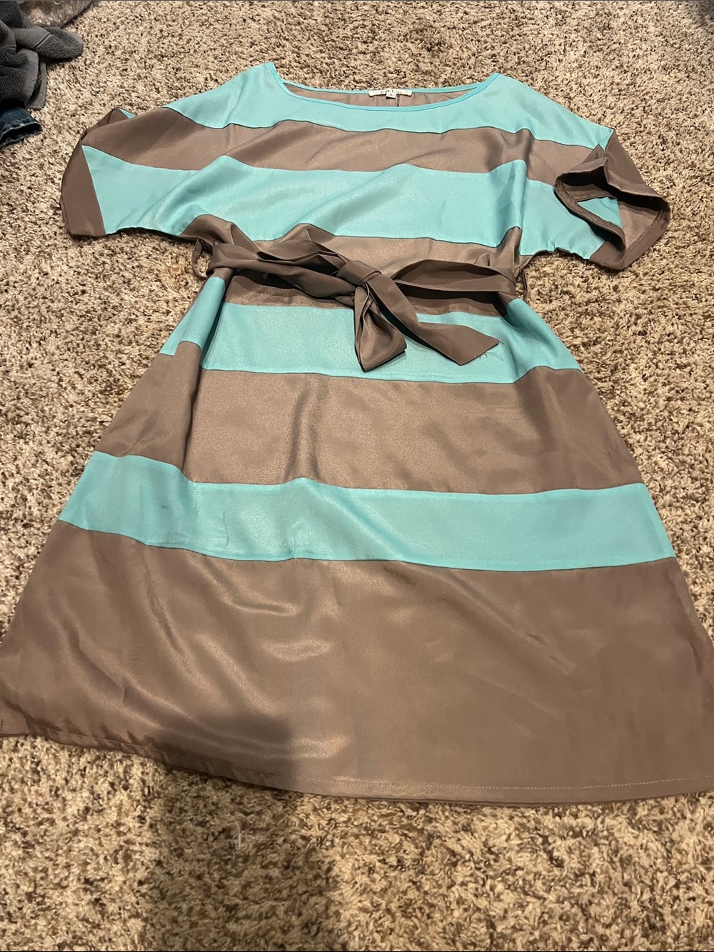 Striped Belted Mini Dress in Teal and Taupe